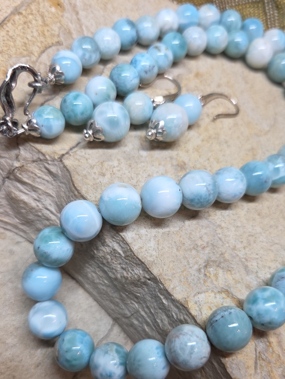 Sterling Silver Genuine Larimar Beaded Necklace and Earrings Set - Picture 12 of 12